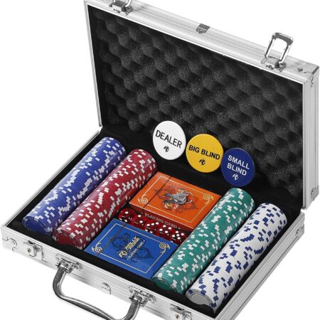 Rally & Roar Professional 200 ז׳יטונים (11.5 גרם ליחידה) סט פוקר מושלם למשחקי פוקר בסגנון קזינו, קלפים, קוביות, מגיע במזוודה בצבע אלומיניום
