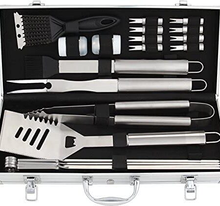 ערכת אביזרי צלייה 20 חלקים - כלי ברביקיו איכותיים מנירוסטה אל חלד, מגיע במזוודה איכותית לנשיאה. מתאים לקמפינג, חצר הבית ועוד. עיצוב ידיות נירוסטה